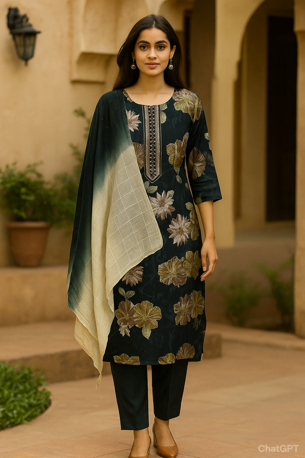 Green Floral Kurta 3 Piece Set