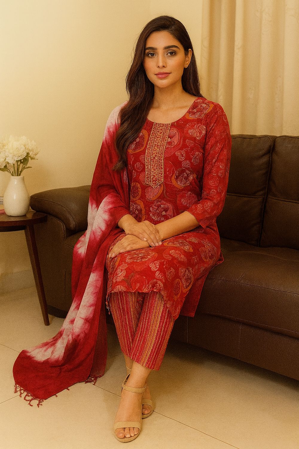 Red Kurta 3 Piece Set