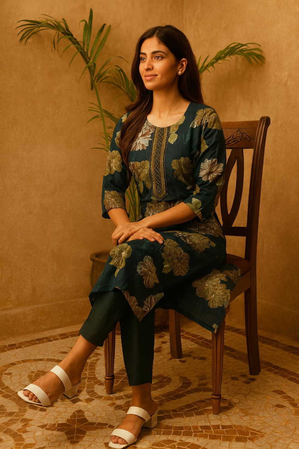 Green Floral Kurta 3 Piece Set