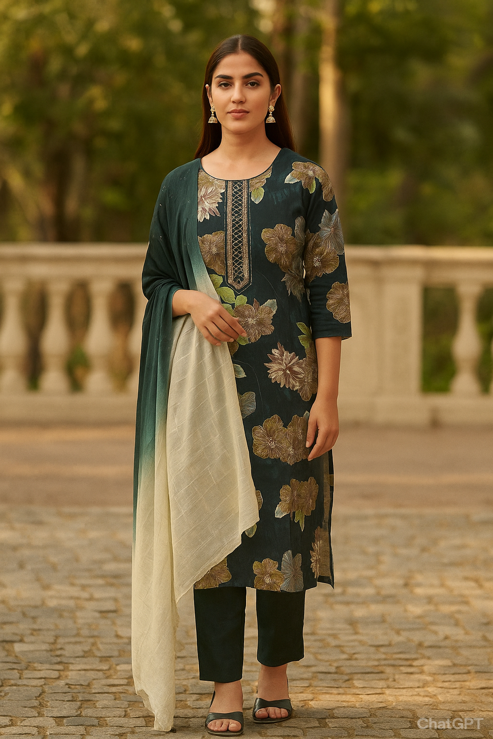 Green Floral Kurta 3 Piece Set
