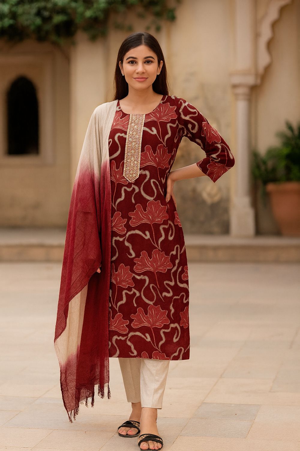 Maroon Kurta 3 Piece Set