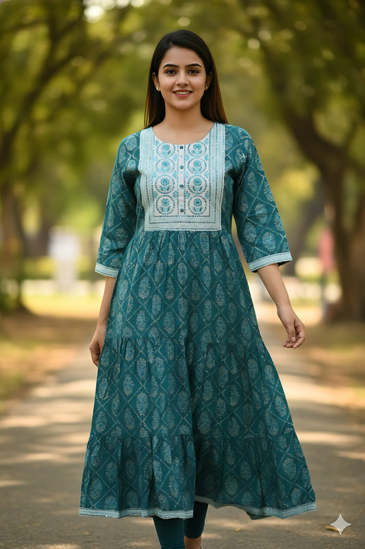 Green Gold Foil Printed Umbrella Kurta Top