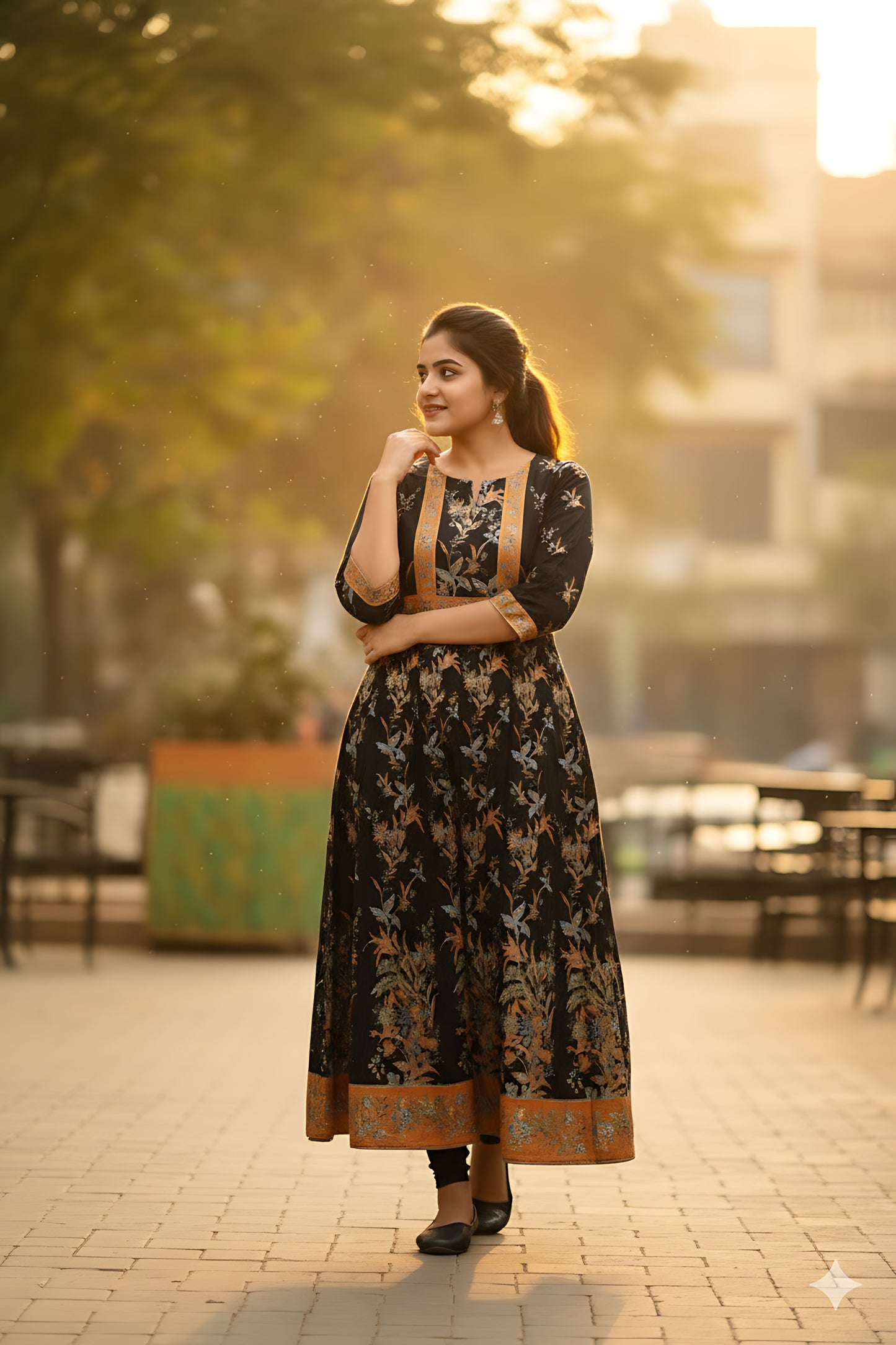 Black Gold Foil Printed Umbrella Kurta