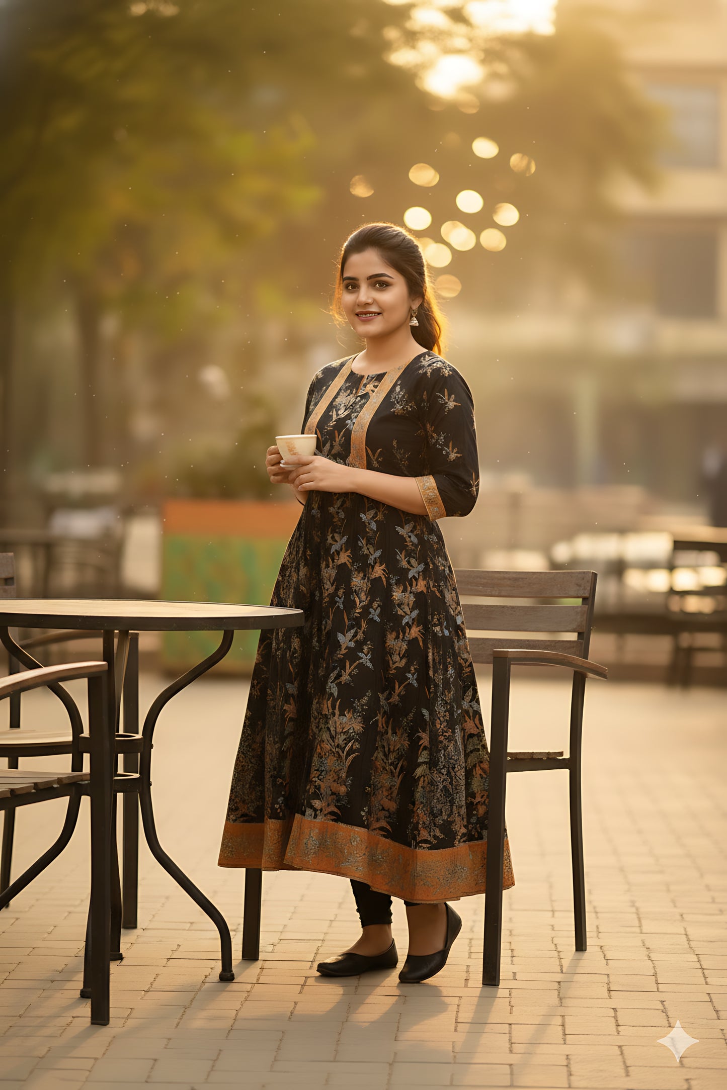 Black Gold Foil Printed Umbrella Kurta