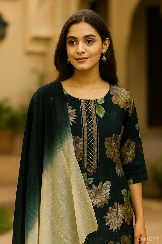 Green Floral Kurta 3 Piece Set