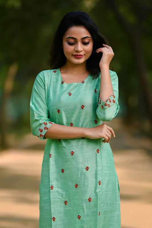 Green Embroidered Kurta Top