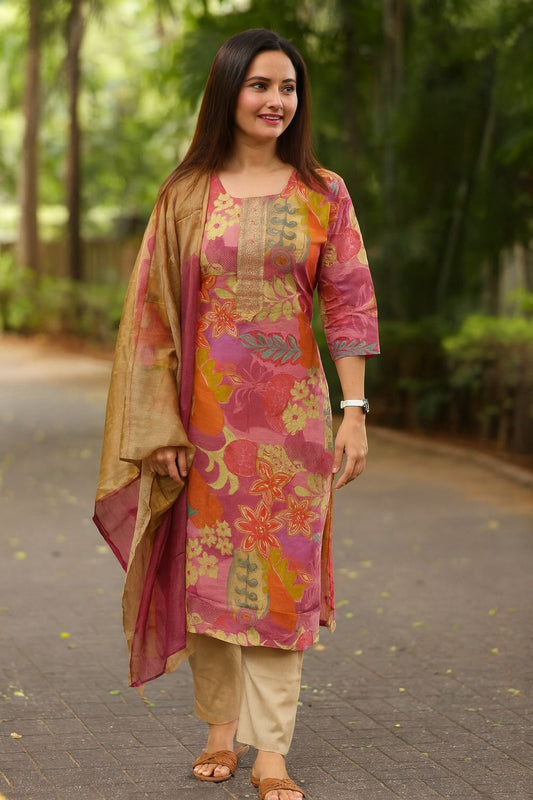 Pink Floral Abstract Kurta 3 Piece Set