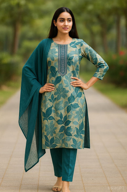 Blue Leaf Kurta 3 Piece Set