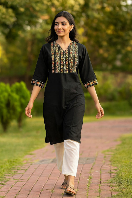 Black V-Neck Kurta Top