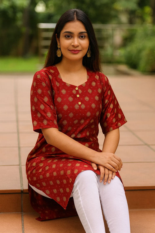 Red Kurta Top Gold Print
