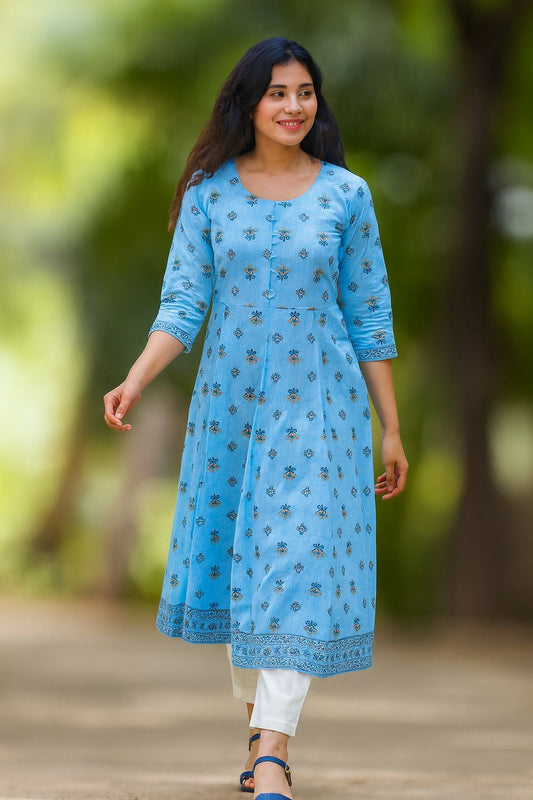 Blue A-line Flared Silk Cotton Kurta Top