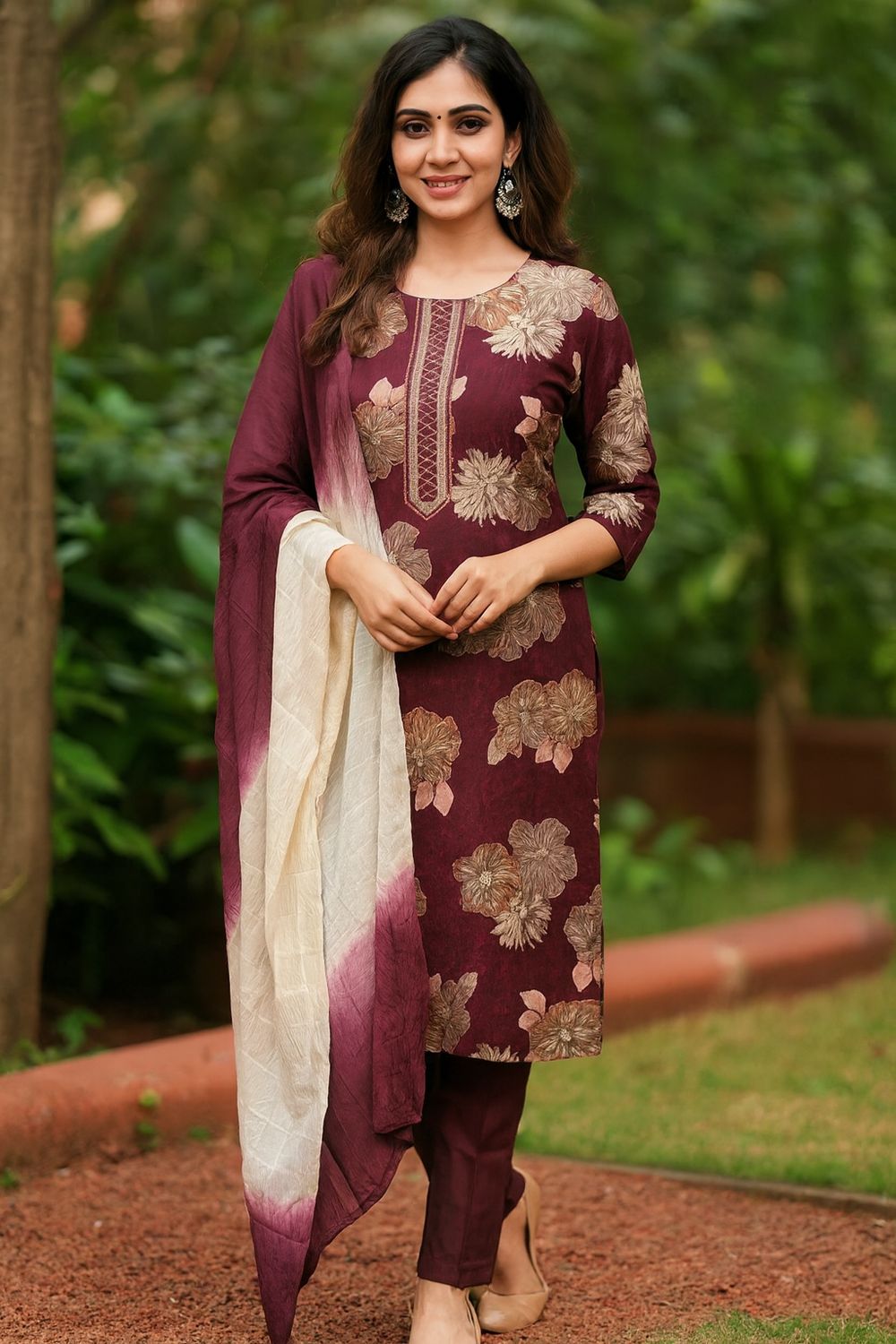 Floral Red Kurta 3 Piece Set