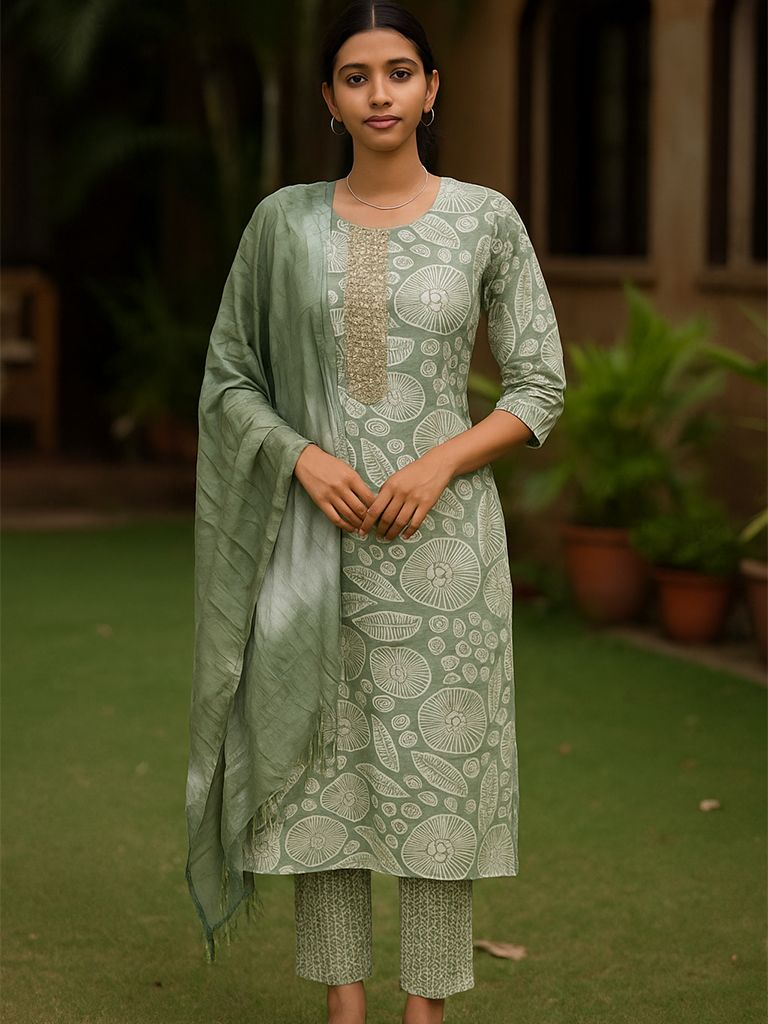 Green Printed Kurta 3 Piece Set
