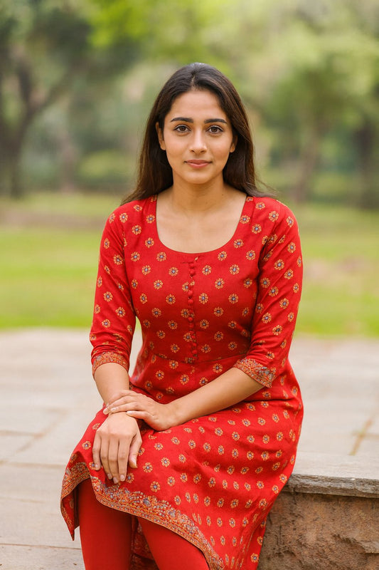 Red A-line Silk Cotton Kurta Top