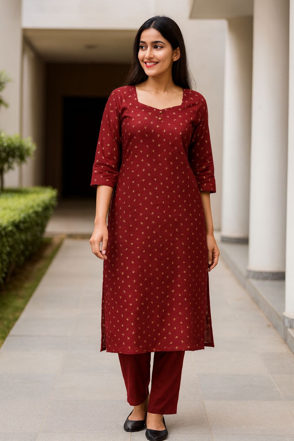 Red Gold printed straight kurta