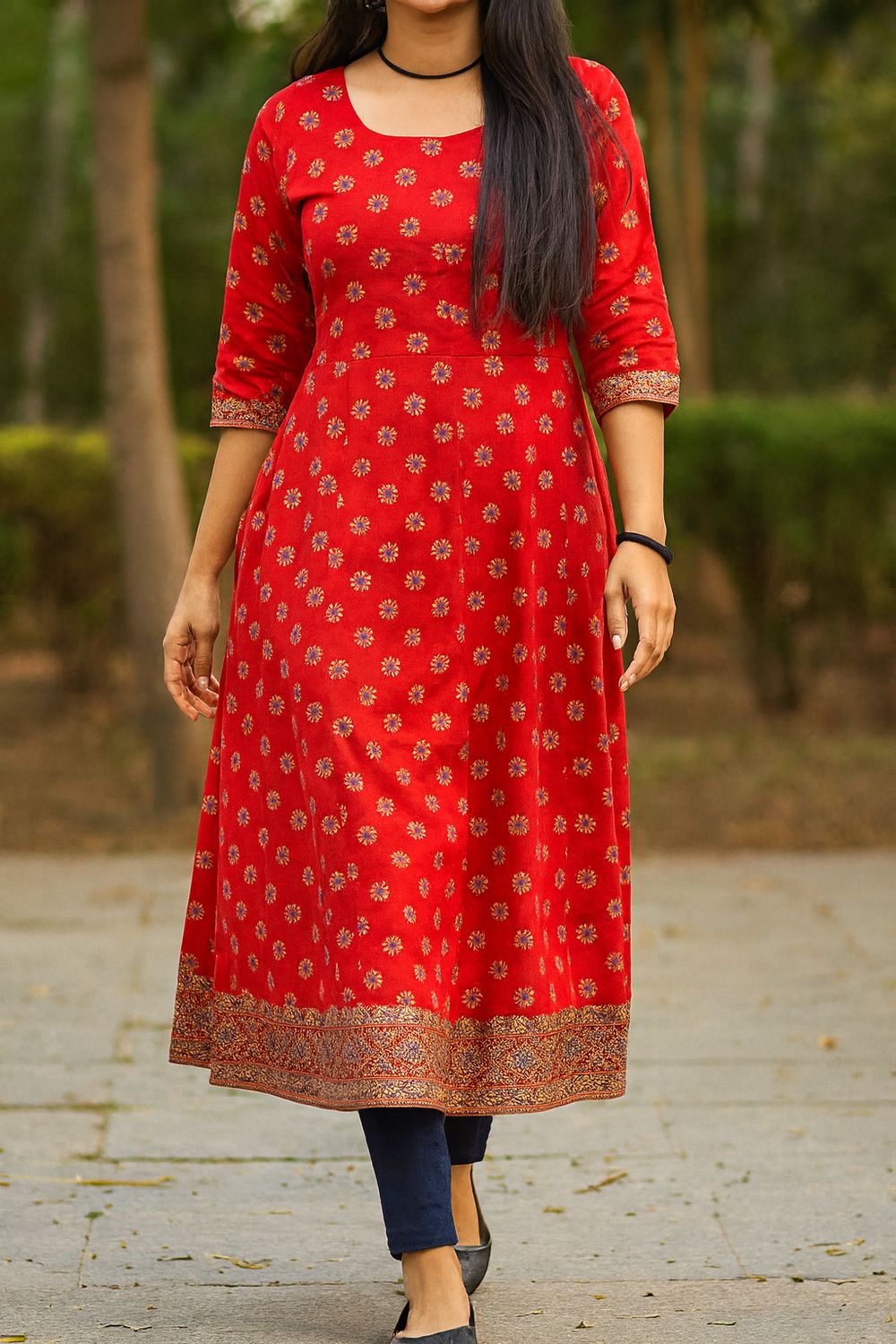 Red A-line Silk Cotton Kurta Top
