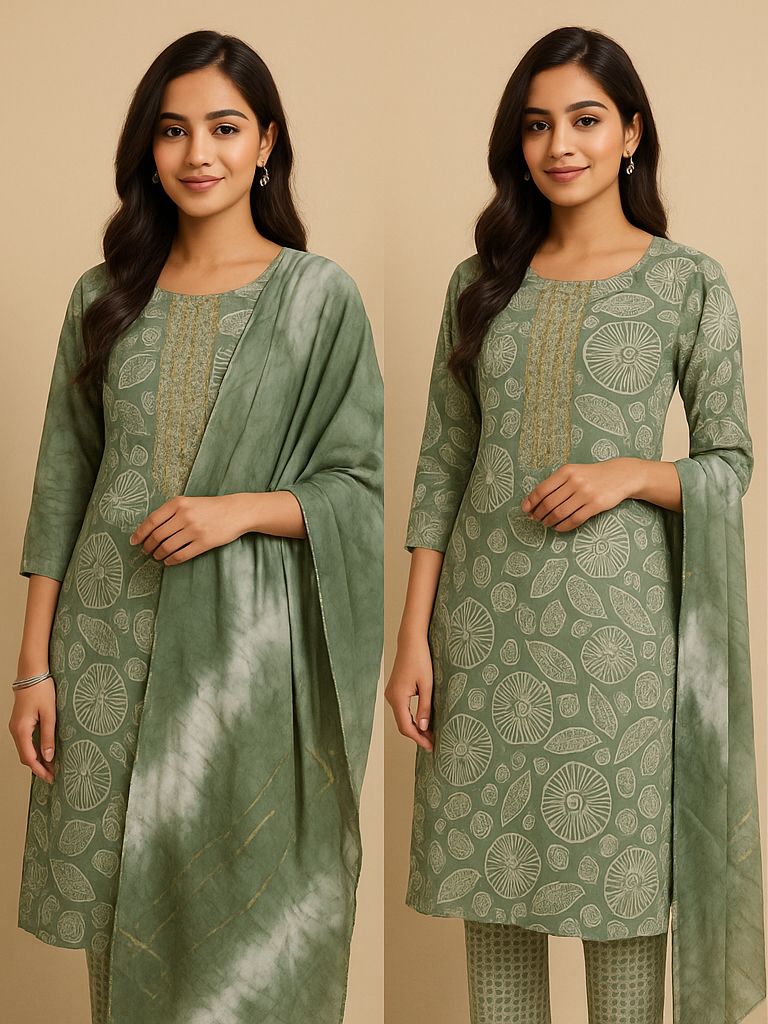 Green Printed Kurta 3 Piece Set