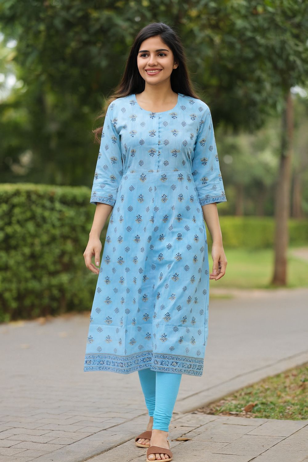 Blue A-line Flared Silk Cotton Kurta Top