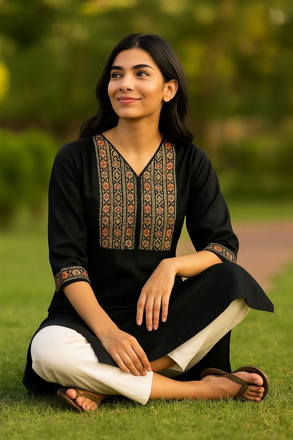 Black V-Neck Kurta Top