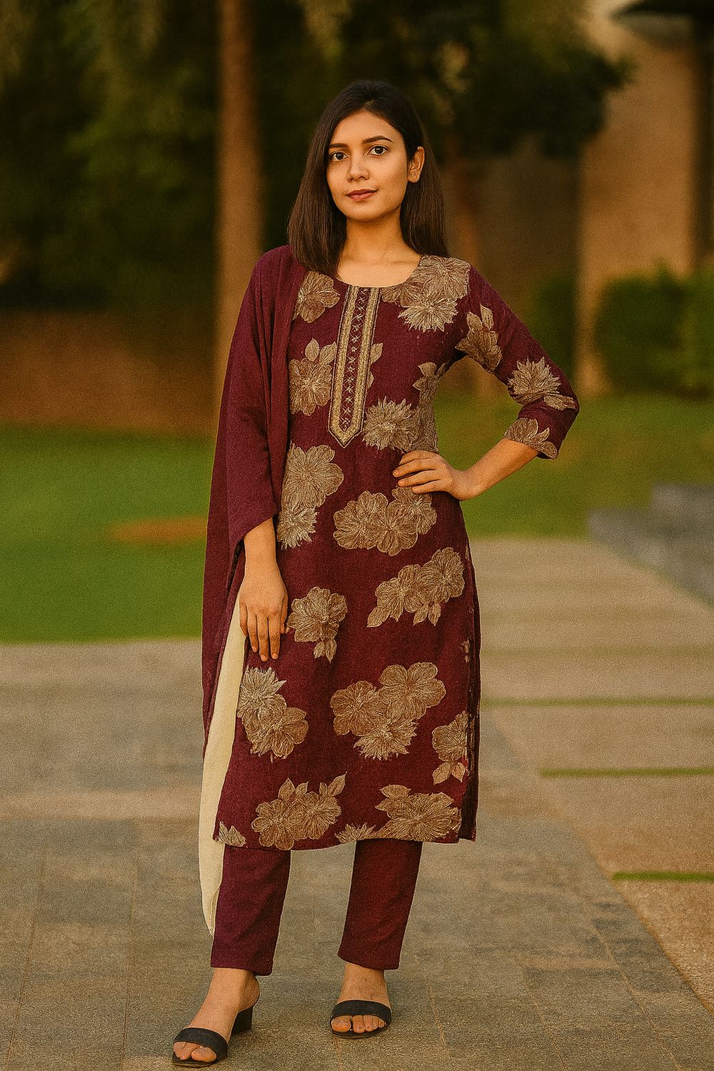 Floral Red Kurta 3 Piece Set