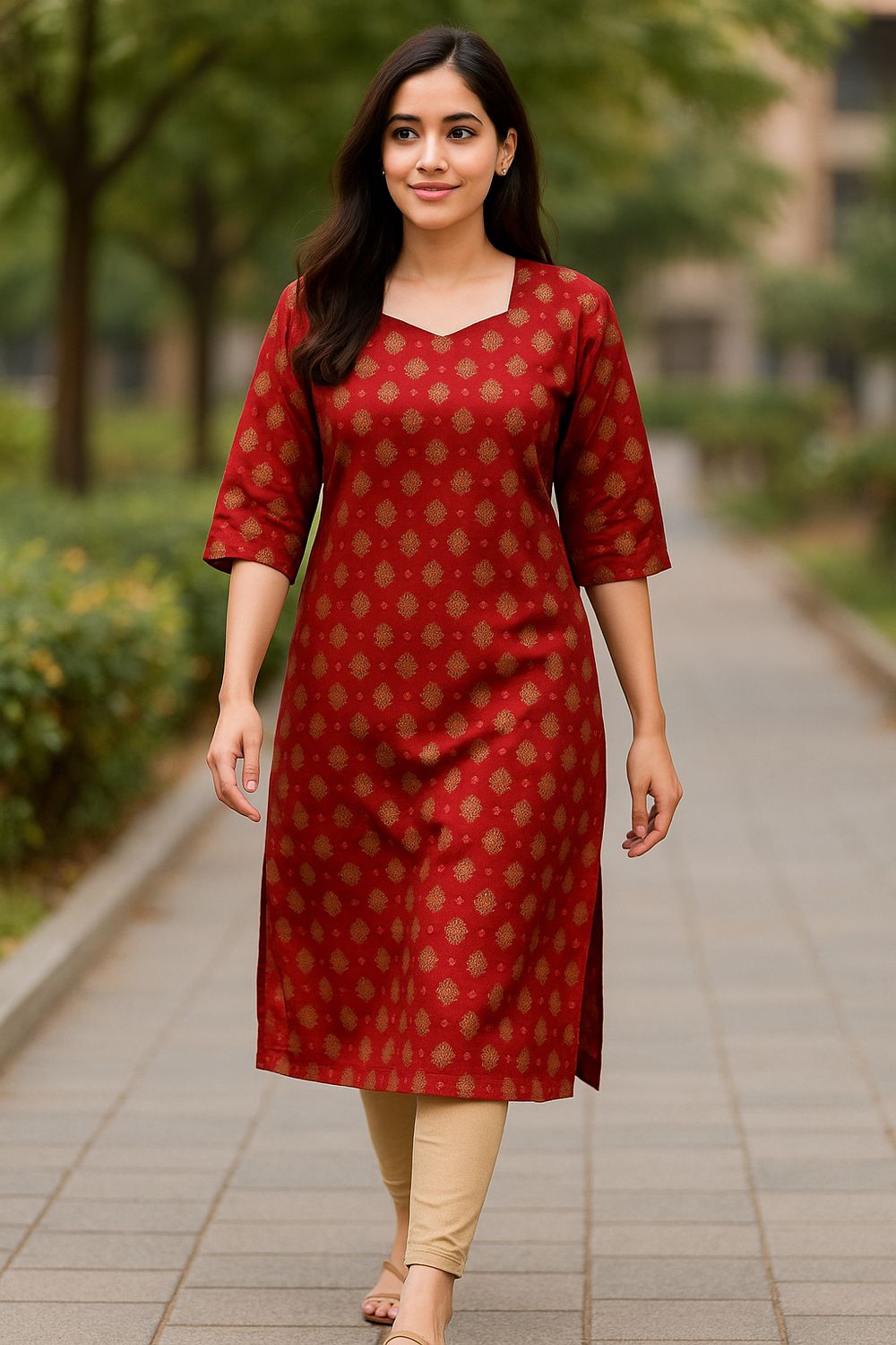 Red Kurta Top Gold Print