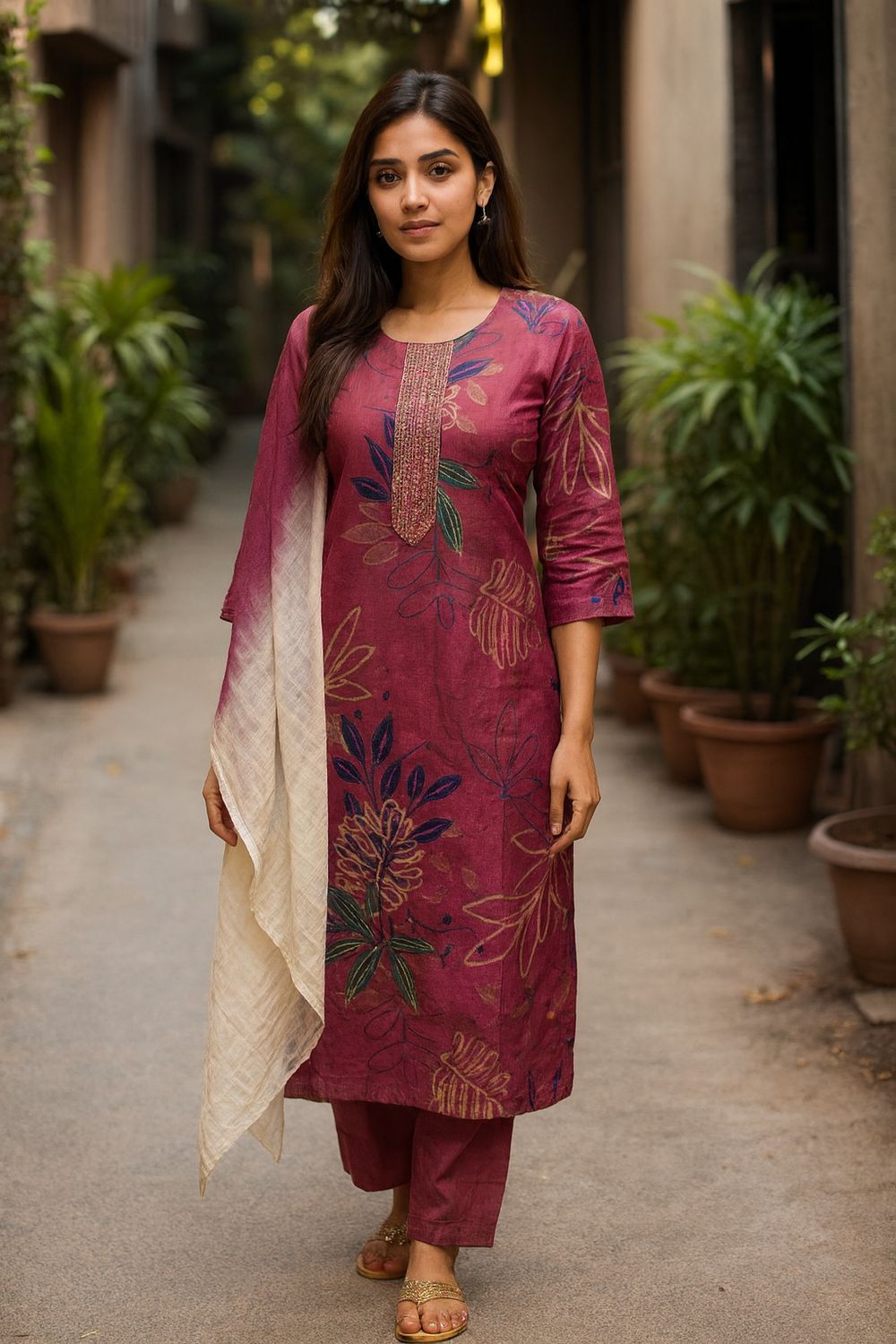 Pink Floral Kurta 3 Piece Set