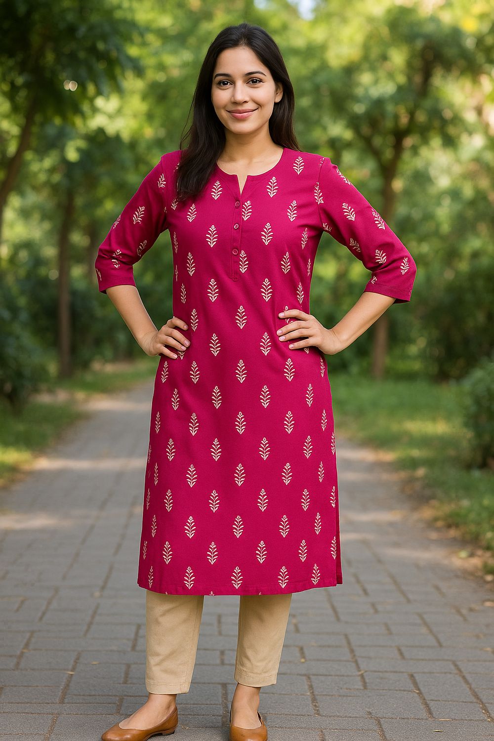 Bright Pink Printed Kurta Top
