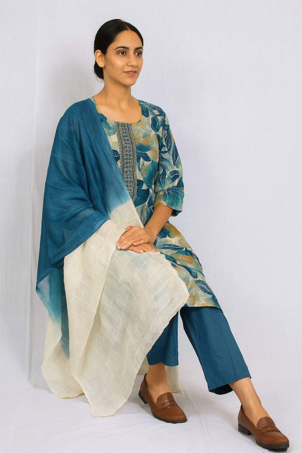 Blue Leaf Kurta 3 Piece Set