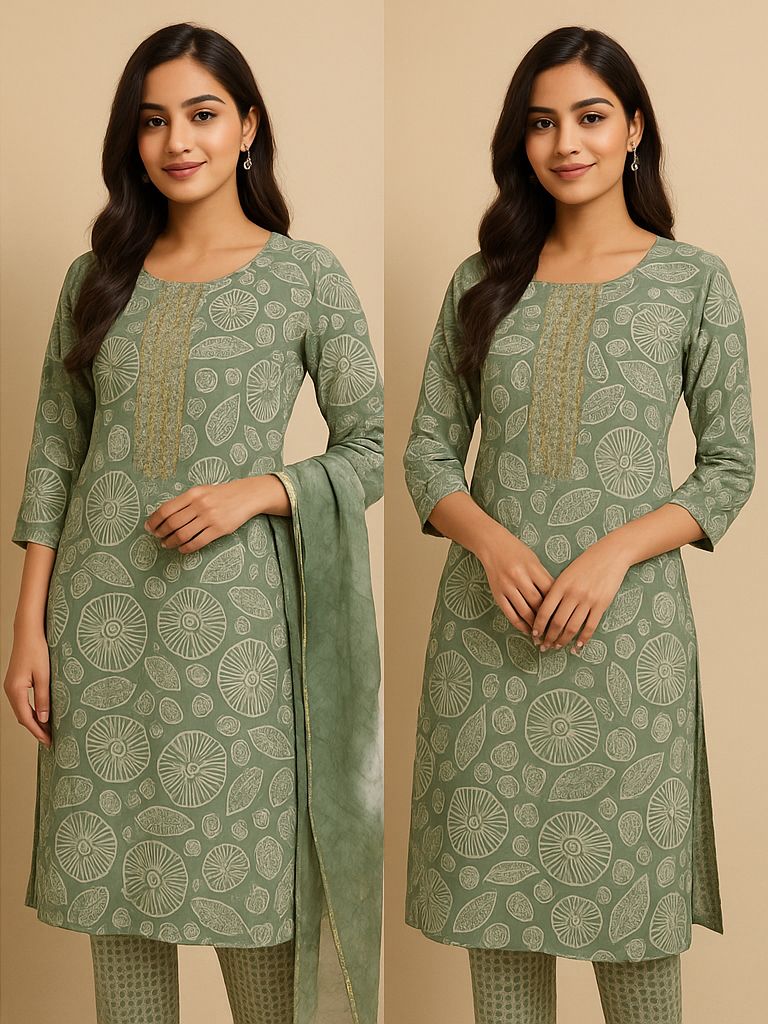 Green Printed Kurta 3 Piece Set