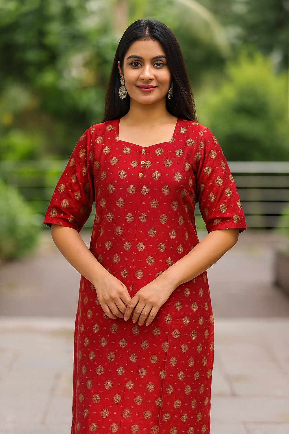 Red Kurta Top Gold Print