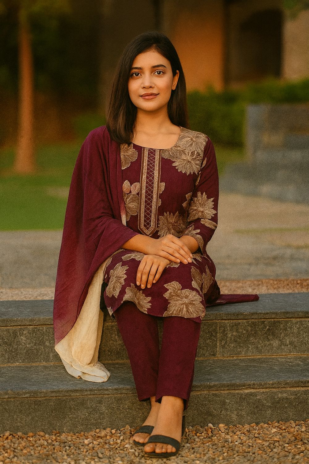 Floral Red Kurta 3 Piece Set