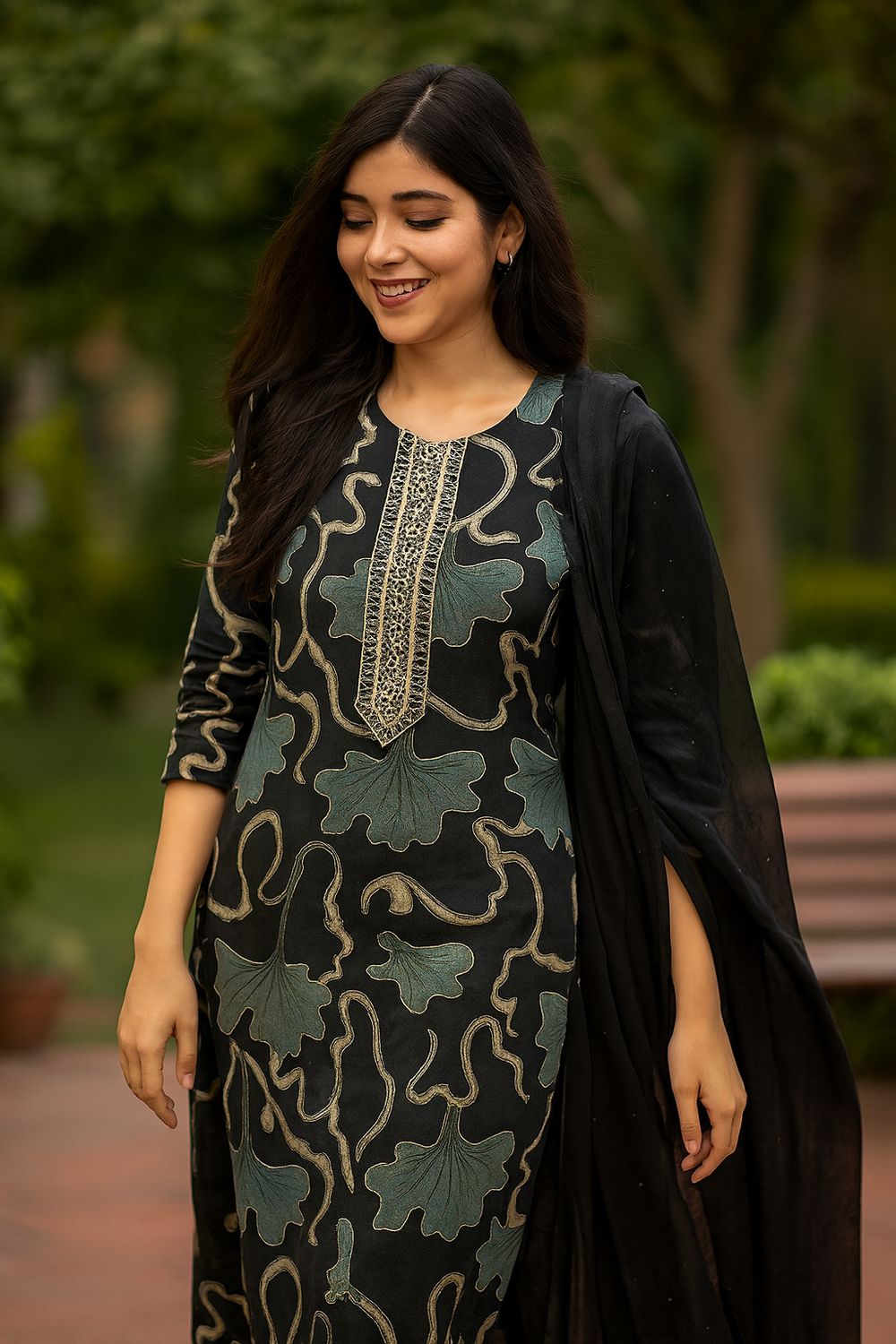 Black Abstract Kurta 3 Piece Set