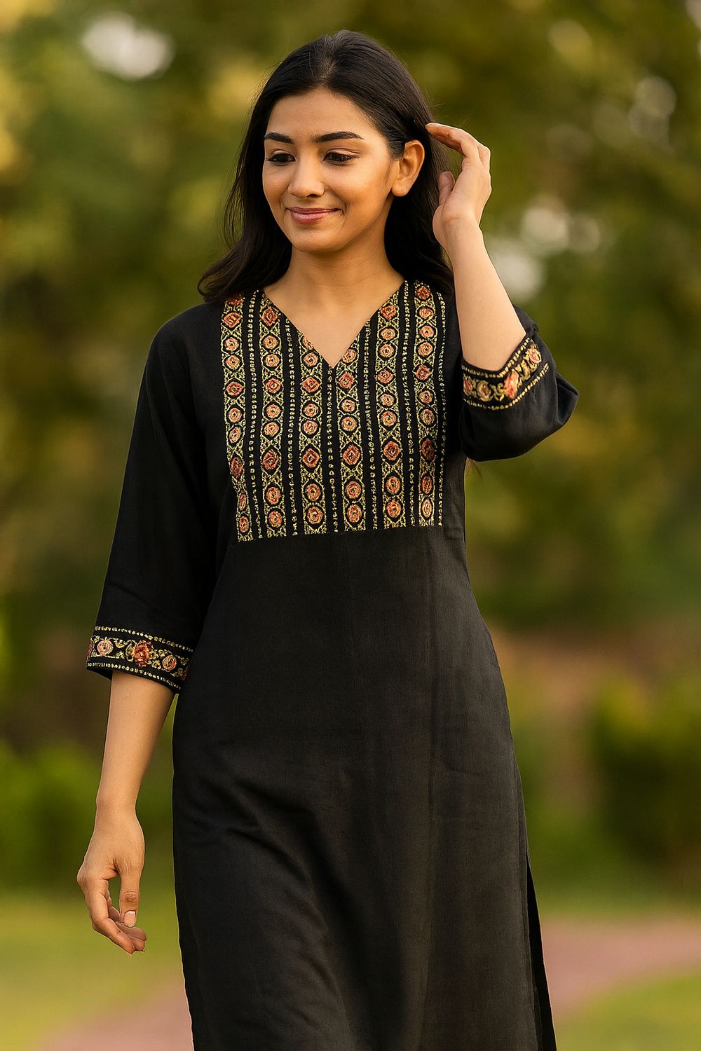 Black V-Neck Kurta Top