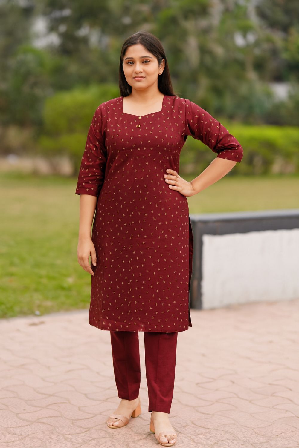 Red Gold printed straight kurta