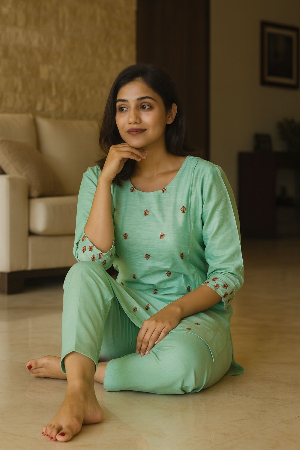 Green Embroidered Kurta Top
