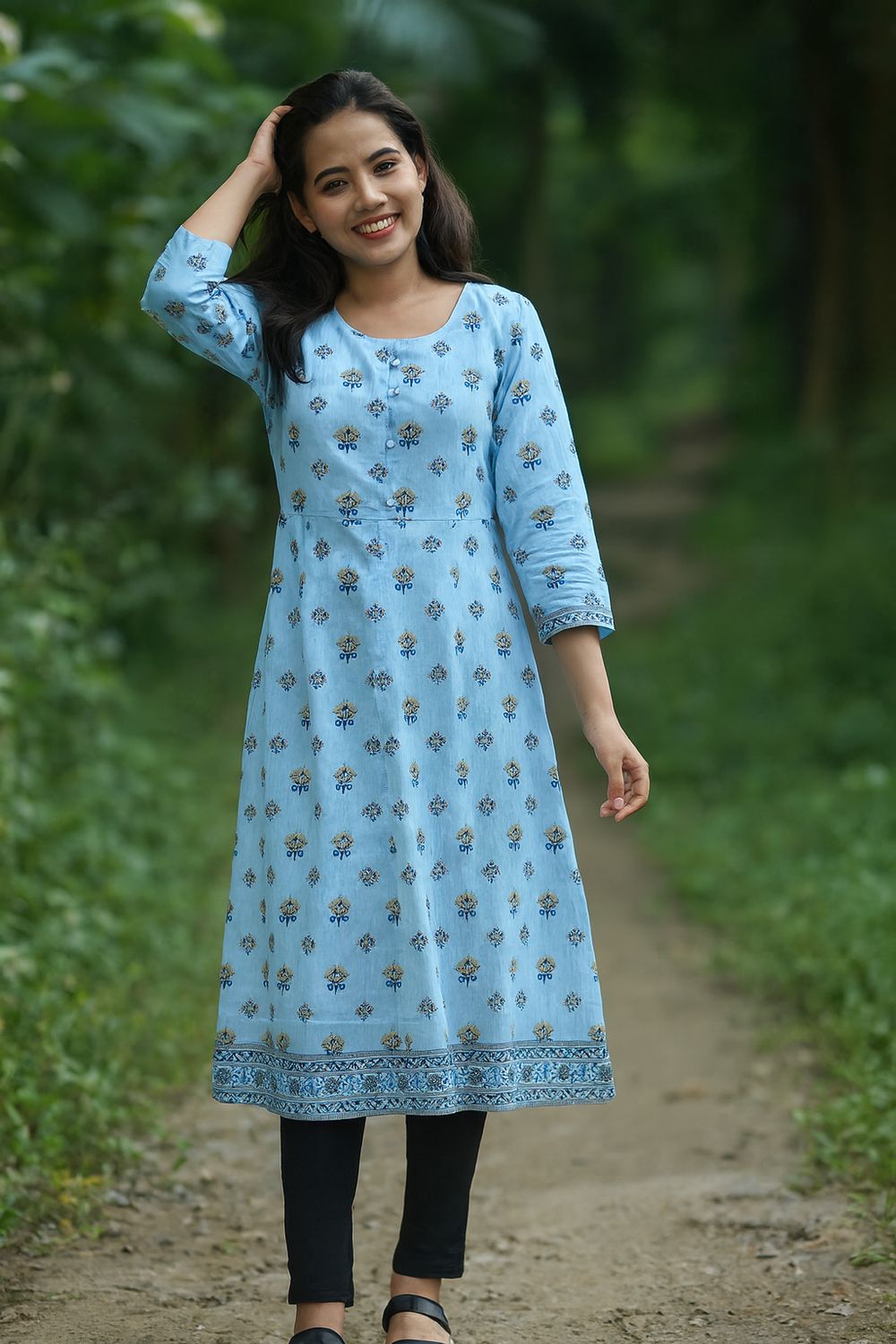 Blue A-line Flared Silk Cotton Kurta Top
