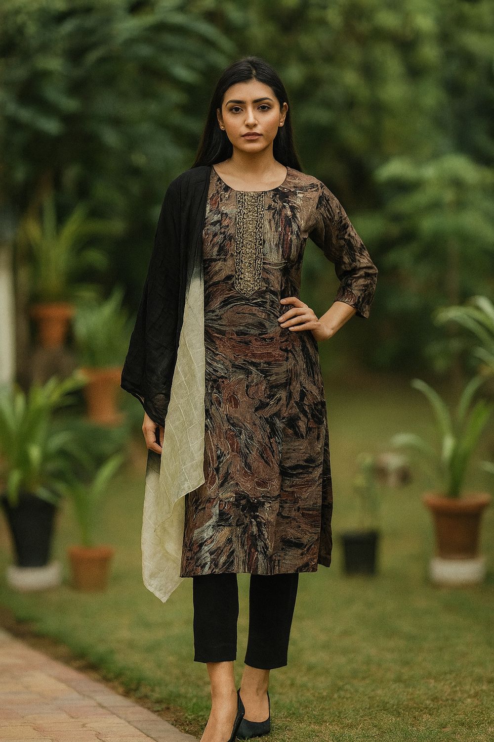 Black Abstract Kurta 3 Piece Set