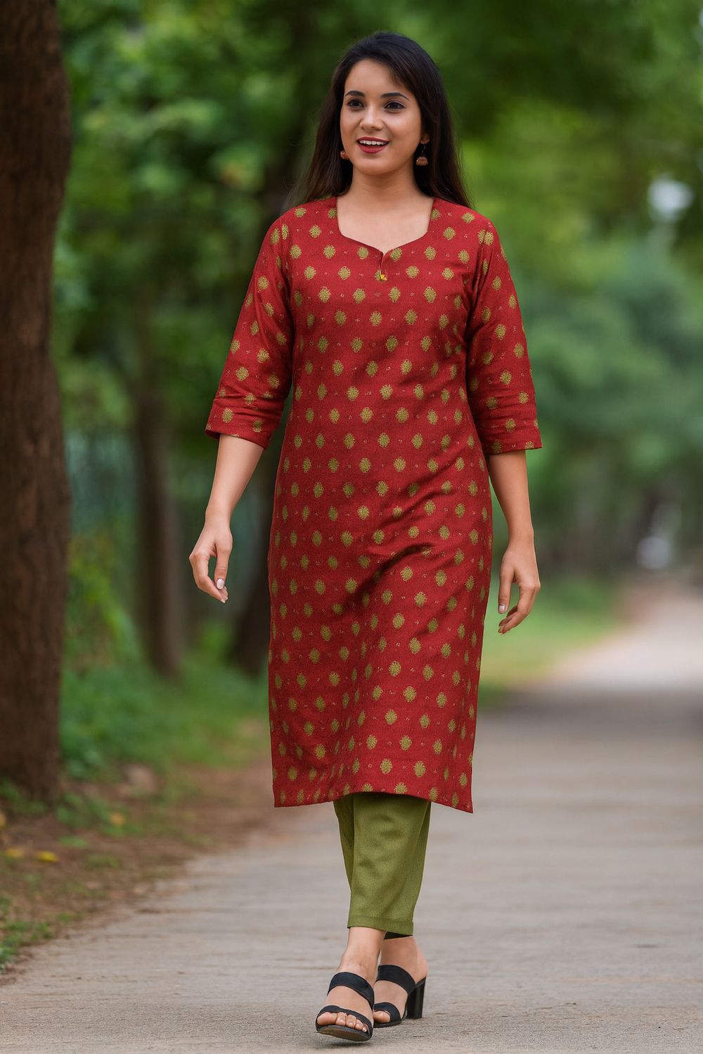 Red Kurta Top Gold Print
