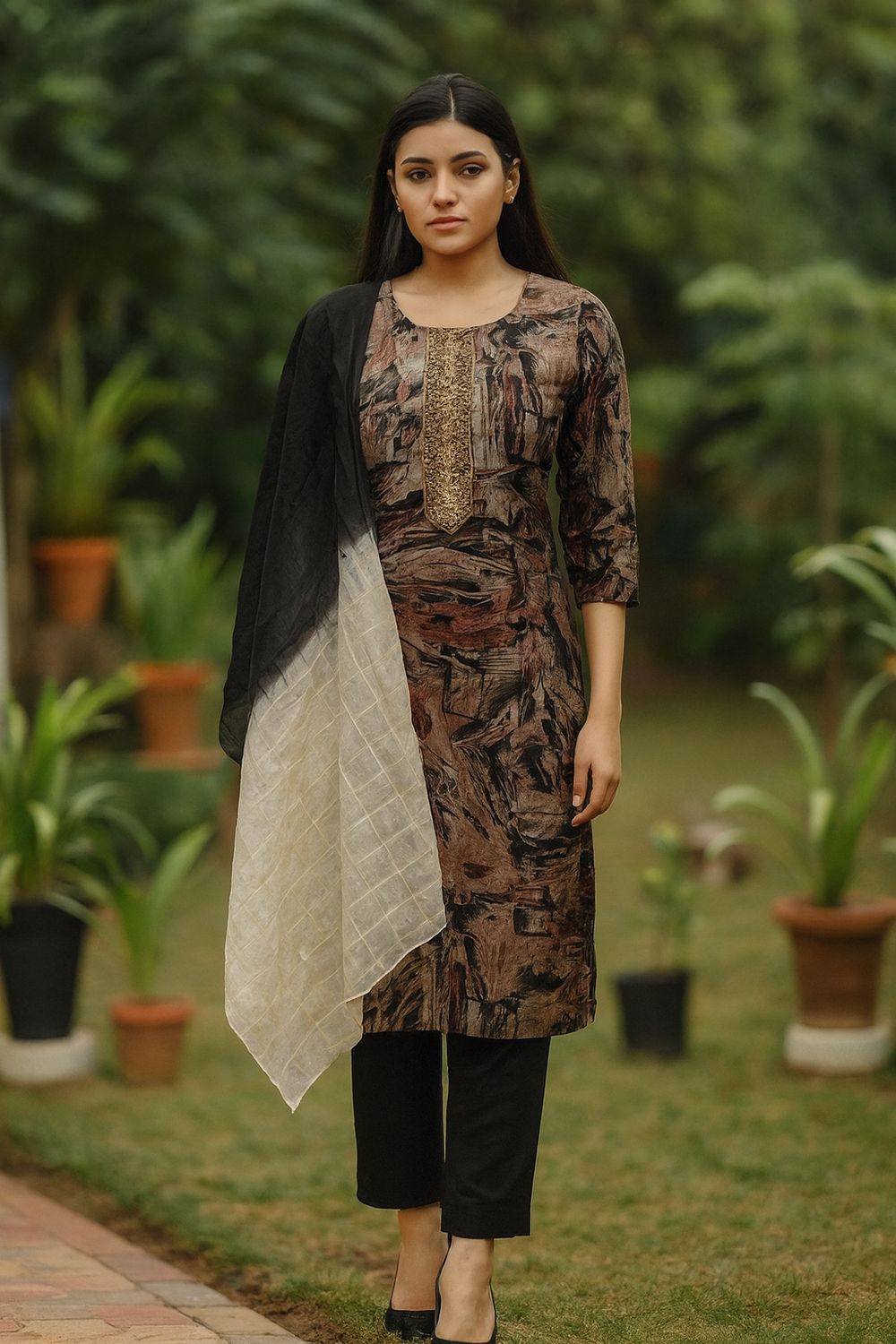 Black Abstract Kurta 3 Piece Set