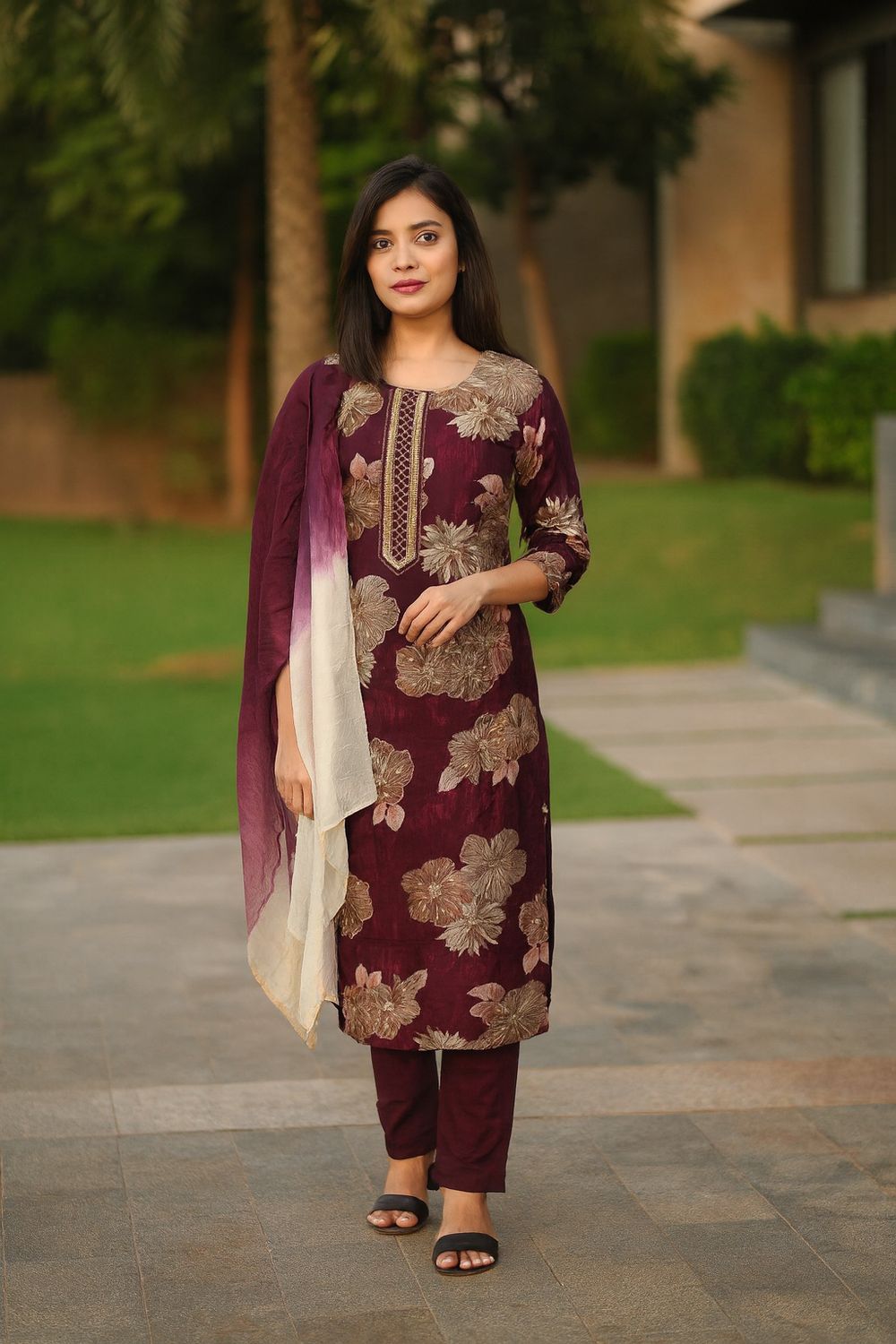 Floral Red Kurta 3 Piece Set