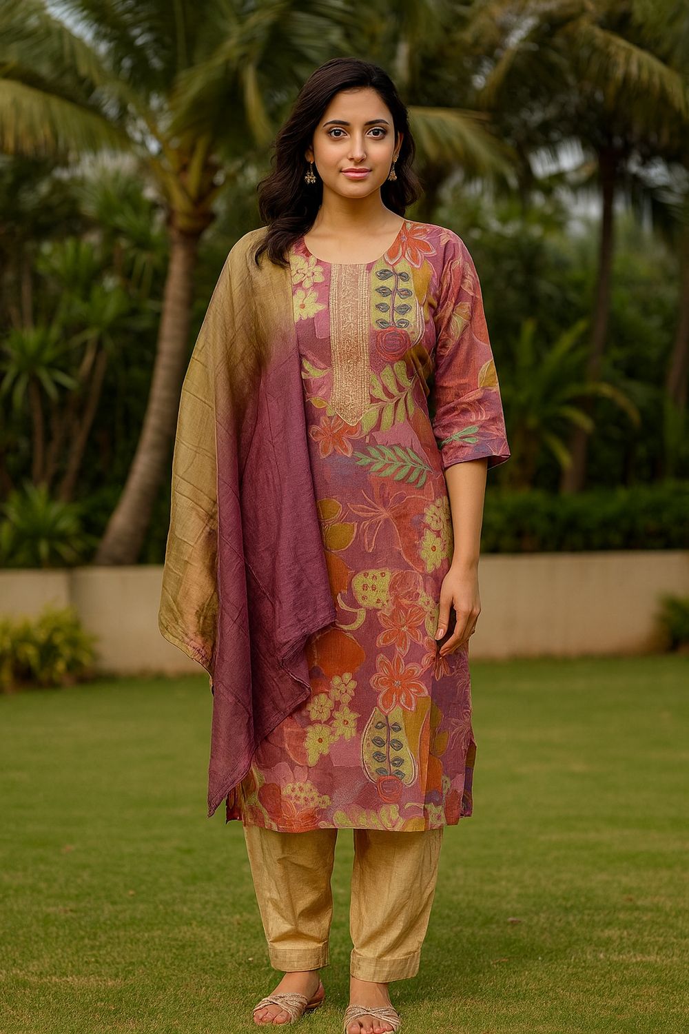 Pink Floral Abstract Kurta 3 Piece Set