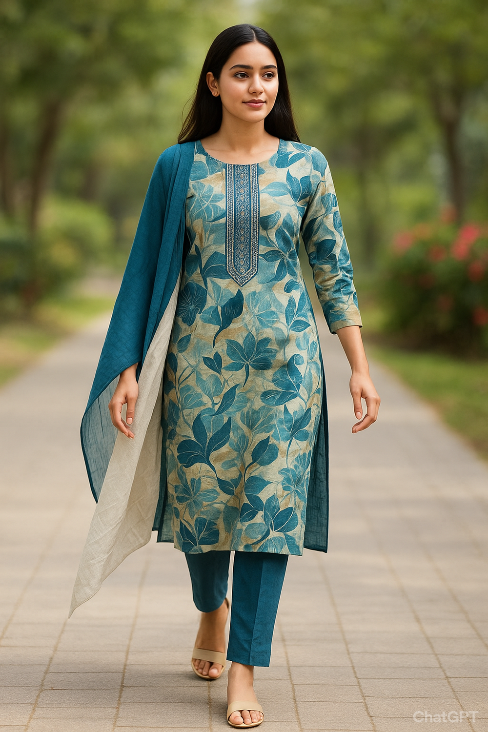 Blue Leaf Kurta 3 Piece Set