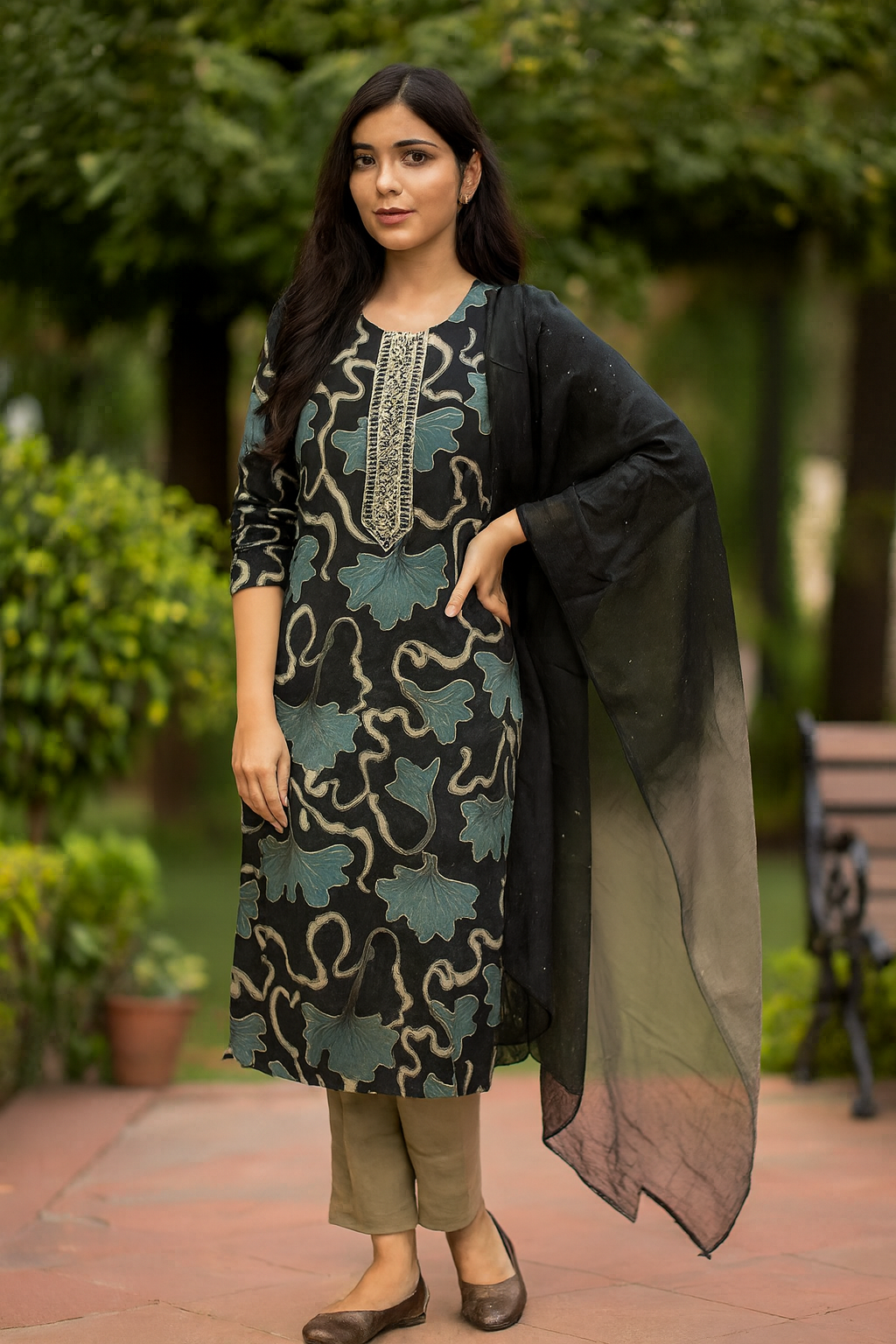 Black Abstract Kurta 3 Piece Set