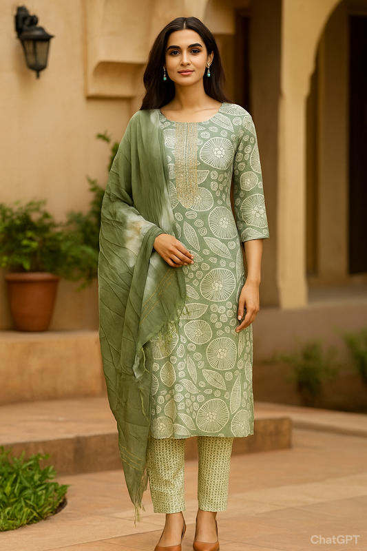 Green Printed Kurta 3 Piece Set