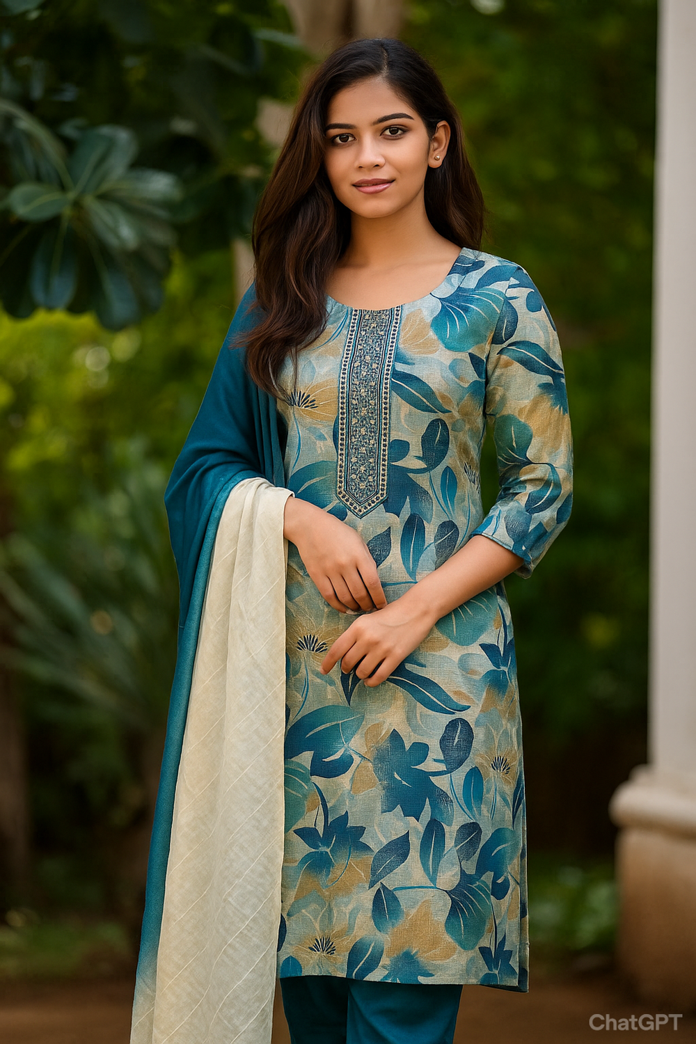 Blue Leaf Kurta 3 Piece Set
