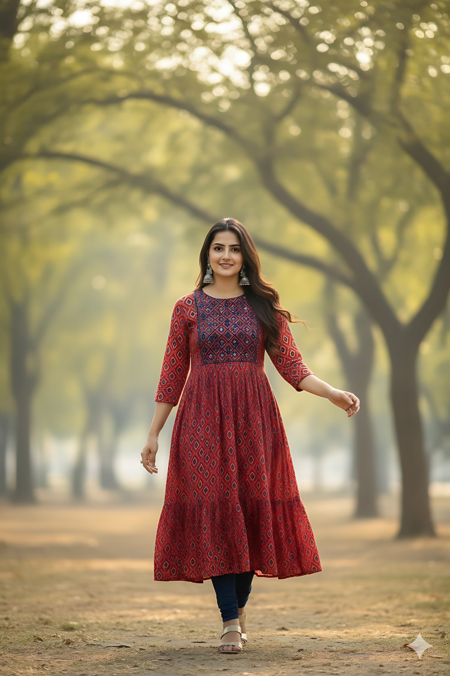 Red Printed Umbrella Kurta Top