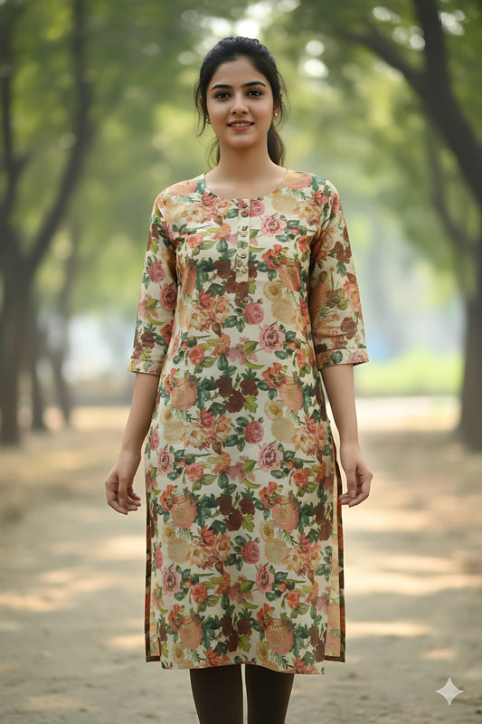 Cream Floral Kurta Top