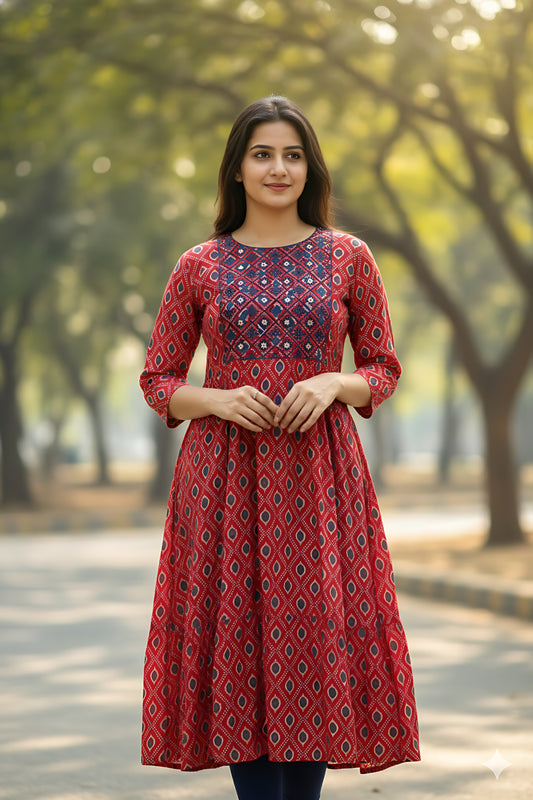 Red Printed Umbrella Kurta Top