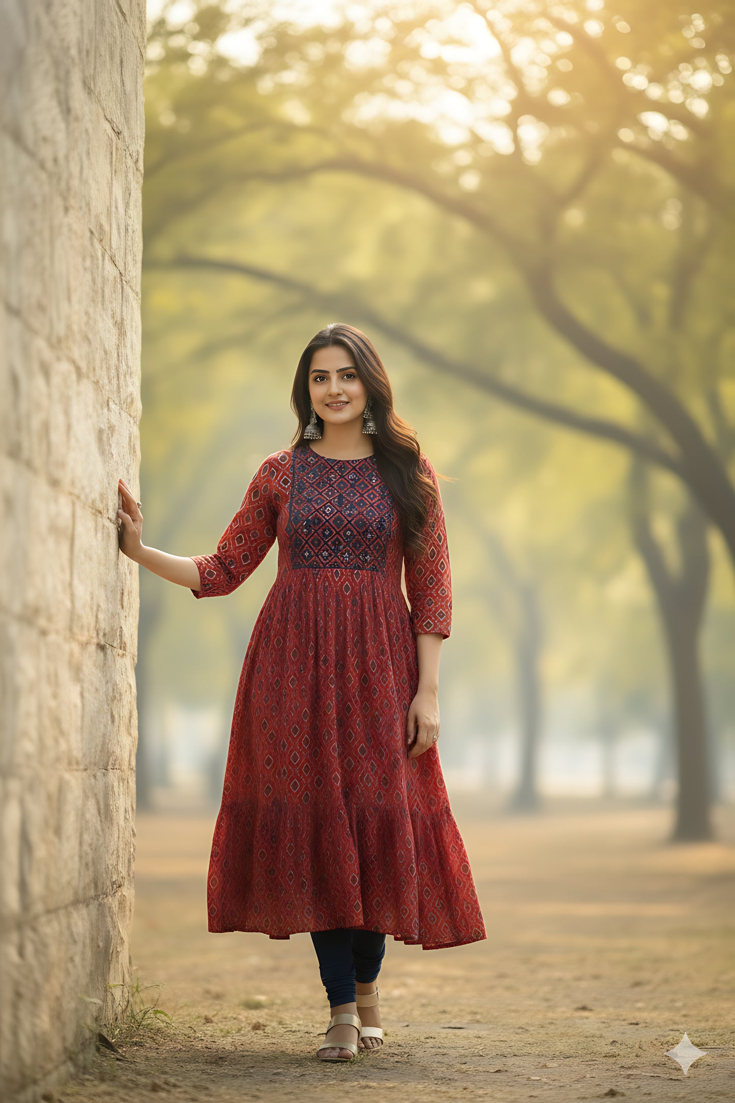 Red Printed Umbrella Kurta Top
