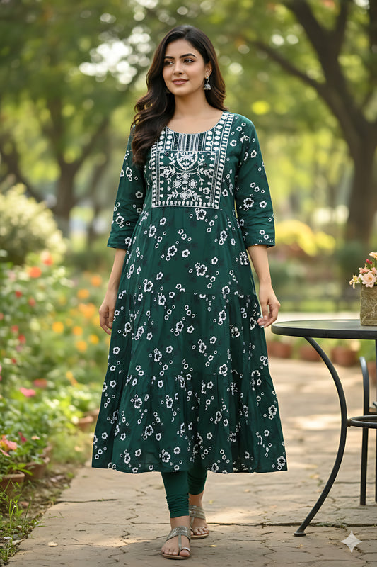 Green Embroidery Umbrella Kurta Top